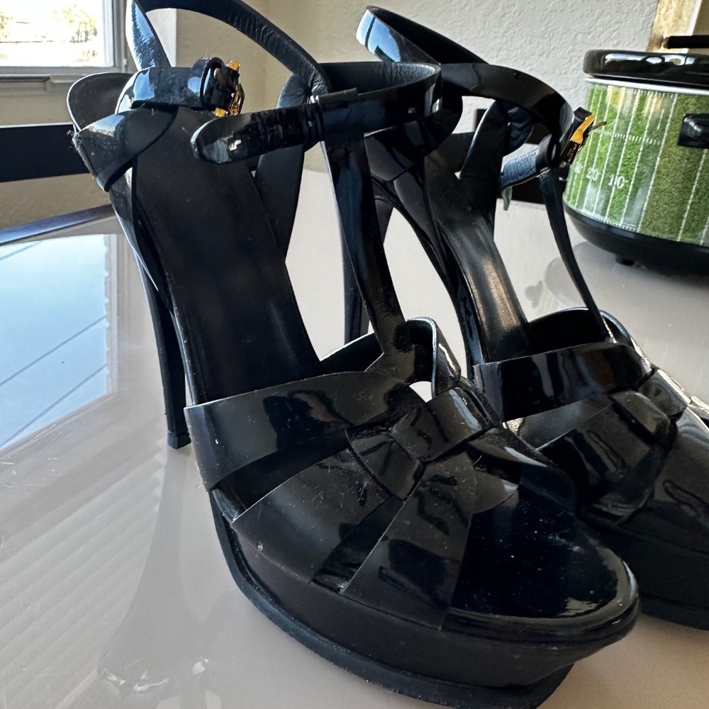Saint Laurent YSL Tribute Black Patent Platform Sandals Heels Size 10.5 - Picture 7 of 7